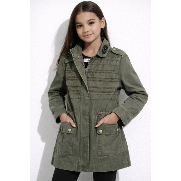Miss Me Girls Other - Miss Me Girls Jacket Girls L Green Military Embroidered Beaded Lined Pockets